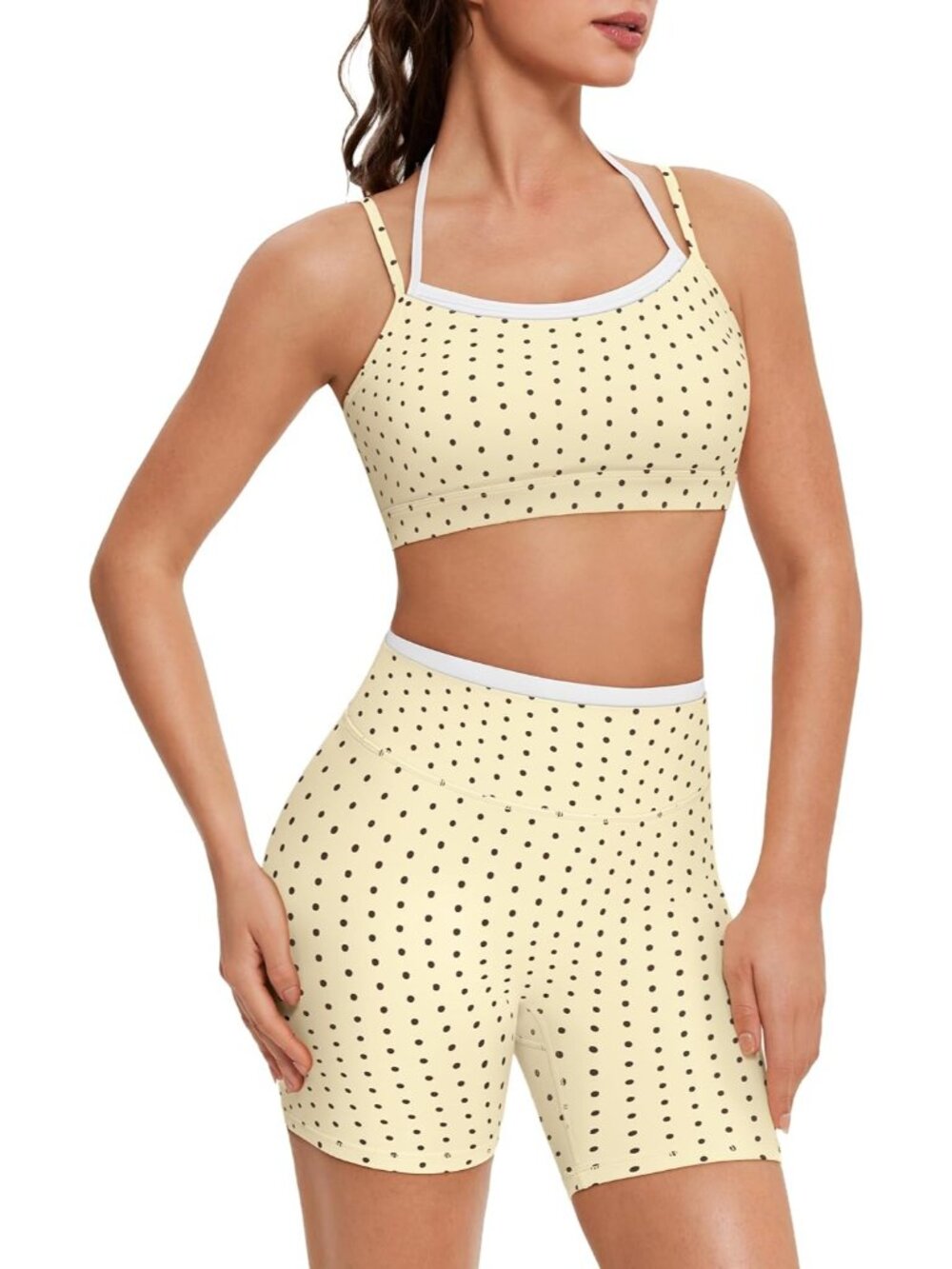 Women Baby Yellow Doubel Layer Open Back Activewear Sports Bra & Gym Shorts Set